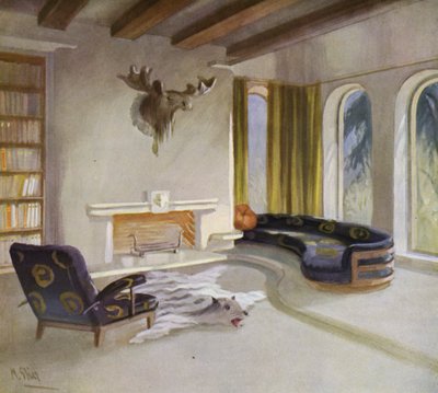 interiores dos anos 30: Sala de fumo em uma casa de campo (cor litho) de M. Stier