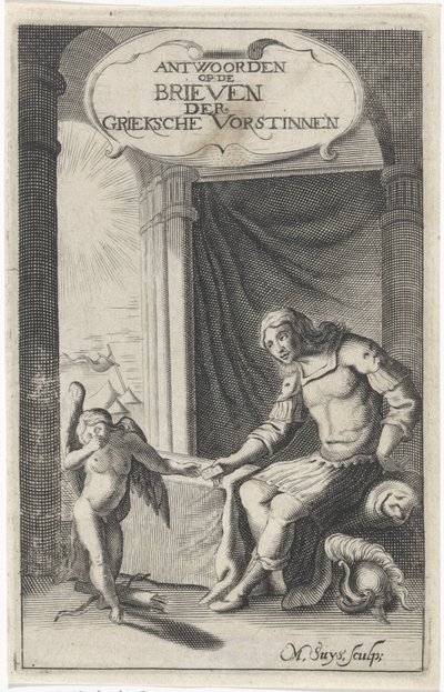 Guerreiro grego recebe carta de Amor
Página de título para: Christopher Pierson, Respostas dos príncipes gregos a doze de Ovid Nazoos Cartas chorosas dos príncipes em chamas, 1658 de M. Suys