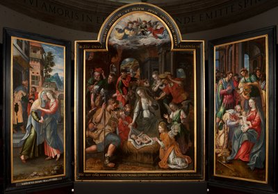 Adoração dos Magos, Tríptico, Painel central, detalhe, pintura sobre madeira de Maarten de Vos