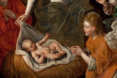 Adoração dos Magos, Tríptico, Painel central, detalhe, pintura sobre madeira de Maarten de Vos