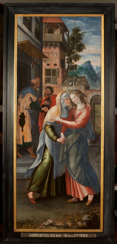 Adoração dos Magos, Tríptico, Painel esquerdo: A vida da Virgem Santa, detalhe, pintura em madeira de Maarten de Vos
