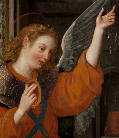 Adoração dos Reis Magos, Tríptico, Painel esquerdo, parte traseira, detalhe, pintura em madeira de Maarten de Vos