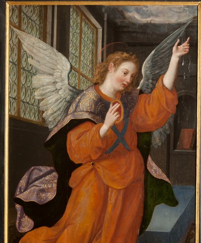 Adoração dos Reis Magos, Tríptico, Painel esquerdo, parte traseira, detalhe, pintura em madeira de Maarten de Vos