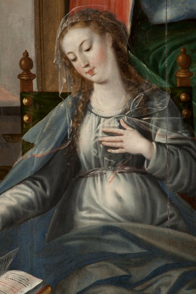 Adoração dos Reis Magos, Tríptico, Parte posterior do painel direito, detalhe, pintura em madeira de Maarten de Vos