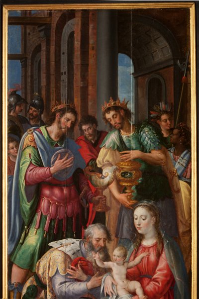 Adoração dos Reis Magos, Tríptico, Painel direito, detalhe, pintura sobre madeira de Maarten de Vos