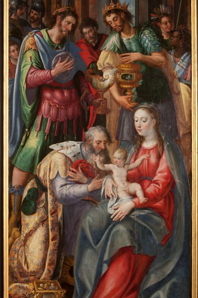 Adoração dos Reis Magos, Tríptico, Painel direito, detalhe, pintura sobre madeira de Maarten de Vos