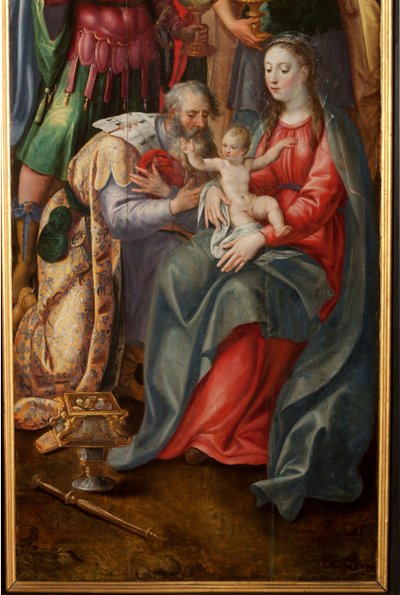 Adoração dos Reis Magos, Tríptico, Painel direito, detalhe, pintura em madeira de Maarten de Vos