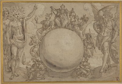 Apolo, Diana e o Tempo com as Vicissitudes Cíclicas da Vida Humana, c.1561 (caneta e tinta castanha com lavagem a cinzento sobre vestígios de grafite, incisa para transferência sobre papel vegetal) de Maarten de Vos