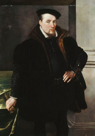 Retrato de um cavalheiro, três quartos de comprimento, com um casaco preto com forro de pele, 1551 de Maarten de Vos