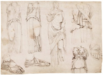 Figuras femininas e sandálias, c.1498-1574 (giz vermelho, caneta e tinta castanha) de Maarten van Heemskerck (circle of)