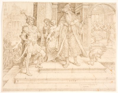 Ahasverus dando o anel do selo para Haman de Maarten van Heemskerck
