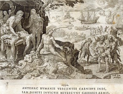 Campo de Batalha no Novo Mundo em 1530, placa 6 de "As Conquistas Militares do Imperador Carlos V", gravado por Dirk Volkertsz Coornhert (1522-90), 1555 de Maarten van Heemskerck