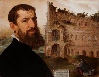 Alemão: Selbstporträt mit dem Kolosseum Autorretrato com o Coliseu de Maarten van Heemskerck