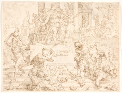 Josias ordena que todas as coisas que foram feitas para Baal sejam destruídas e os sacerdotes sejam mortos de Maarten van Heemskerck