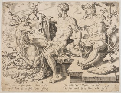 Naftali com um veado e uma estátua quebrada de Mercúrio, da série Os Doze Patriarcas, gravada por Dirk Volkertsz Coornhert de Maarten van Heemskerck