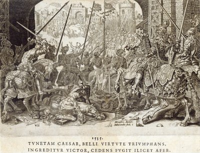 A Conquista de Túnis em 1535, placa 7 de "As Conquistas Militares do Imperador Carlos V", gravada por Dirk Volkertsz Coornhert (1522-90), 1555 (gravura e gravura) de Maarten van Heemskerck