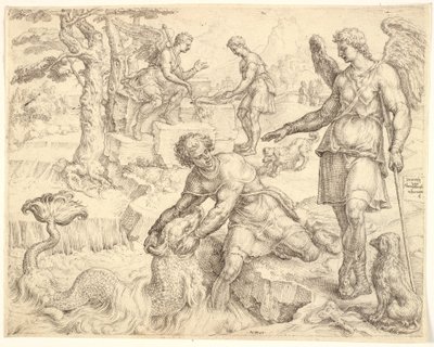 Tobias pegando o Peixe no Rio Tigre de Maarten van Heemskerck