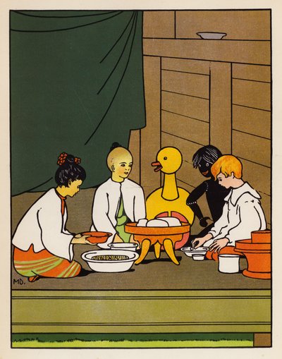 "Arroz a meio do dia" (litografia a cores) de Mabel Dearmer