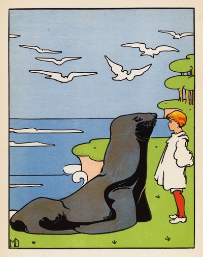 "Um pobre leão-marinho simpático!", disse ele" (litografia a cores) de Mabel Dearmer