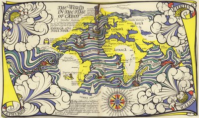Mapa do Mundo no tempo dos navegadores John e Sebastian Cabot (cor litho) de MacDonald Gill