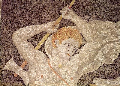 The Stag Hunt, detalhe de um caçador, do mosaico da Casa do Abduction of Helen de Macedonian School