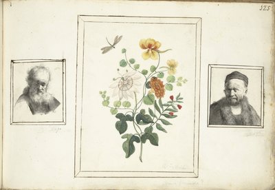 Natureza morta com flores, uma cabeça e um busto de um homem de Machtelt Moninckx