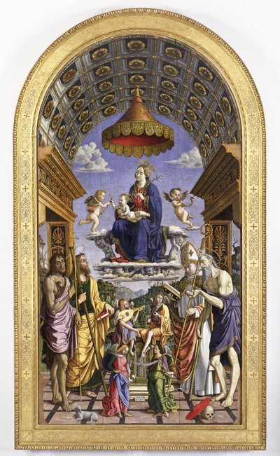 Madonna e Criança em glória, músicos anjos e santos João Batista, James, Ugo e Jerome, 1498 de Macrino dAlba