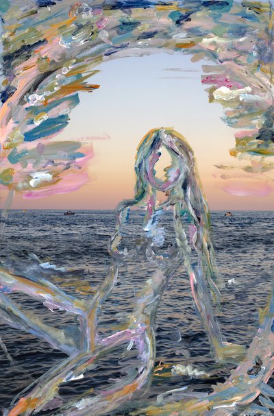 Miami Sunset Silhouette, 2021 (tinta acrílica sobre impressão de pigmentos de arquivo) de Madeleine Gross
