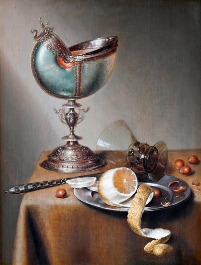 "Nature morte a la coupe nautile" (Natureza morta a la coupe nautile) Peinture de Marten Boelema de Stomme (1611-1644) - Óleo sobre madeira Dim 50x38 cm Hallwylska Museet, Estocolmo de Maerten Boelema de Stomme
