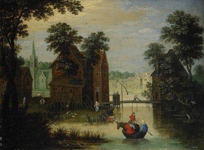 Paisagem do rio com a fuga para o Egito, 1616 de Maerten Ryckaert