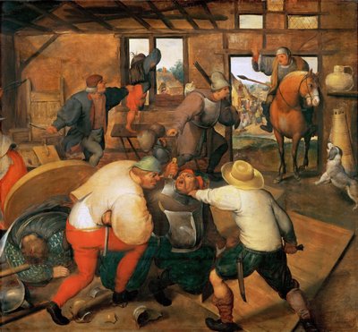 Bagarre entre soldats et paysans - Luta entre soldados e camponeses - Marten van Cleve, o Ancião (1527-1581). Óleo sobre madeira, ca. 1565-1570. Dimensão : 47,3x51 cm. Museu de História de Arte, Vienne de Maerten van Cleve
