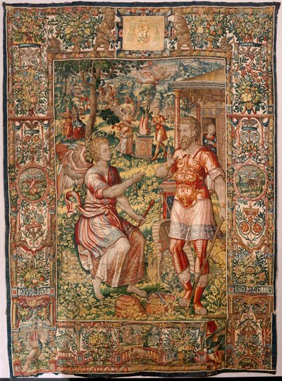 Museu Diocesano (Museo Diocesano). tapeçaria flamenga. Bruxelas. Atelier François Geubels. Série História de Gideão. Gideon e o anjo (Gedeón y el ángel). Seda e lã. Legado do Bispo Vicente Roca de la Serna. Barroco. 1534-1571, na catedral desde de Maerten van Heemskerck