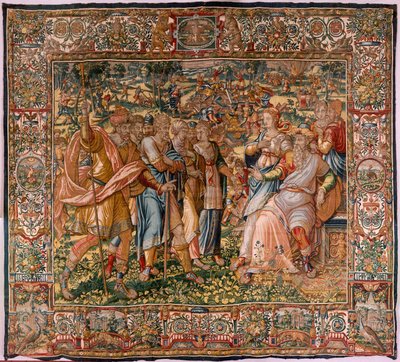 Museu Diocesano (Museu Diocesano). tapeçaria flamenga. Bruxelas. Oficina François Geubels. Série A História de Gideão. Joás é informado de que Gideão destruiu o altar de Baal (Joás é informado de que Gideão derrubou o altar de Baal). Seda e lã. Beque de Maerten van Heemskerck