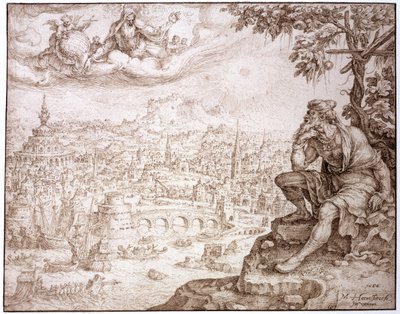 Jonas, sentado sob a cabaça, contempla a cidade de Nínive, 1566 (caneta e tinta marrom com uma caneta no papel) de Maerten van Heemskerck