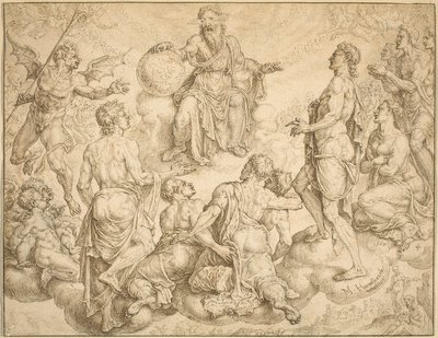 Satanás desafia Deus a remover sua proteção de Jó de Maerten van Heemskerck