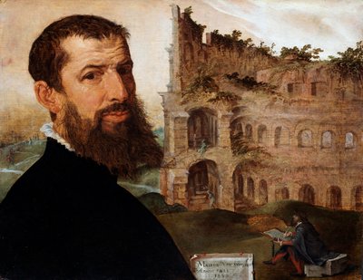 Auto-retrato do pintor com o Coliseu ao fundo, 1553 de Maerten van Heemskerck