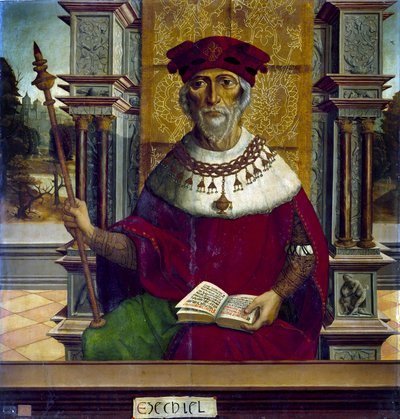 Le prophete Ezechiel - The Prophet Ezekiel - Peinture de Maestro de Becerril (activo no início do século XVI) - c. 1525 - Óleo sobre madeira - 90,8x87,7 cm - Museo del Prado, Madrid de Maestro de Becerril
