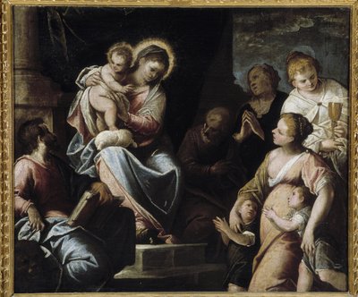 A Virgem tem a Criança rodeada de virtudes teologais Alegoria da Fé, Esperança e Caridade de Maffeo da Verona