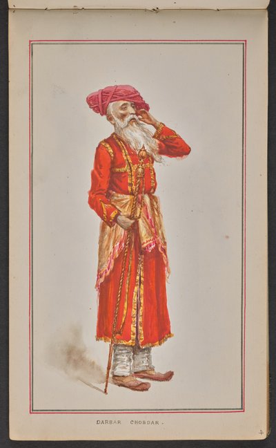 Funcionário idoso da corte do durbar de Kolhapur, vestido com um casaco vermelho e turbante cor-de-rosa (aguarela sobre papel) de Mahadev Vishvanath Dhurandhar