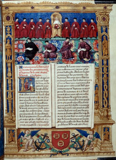 O Conselho dos Dez O Doge está no centro. Página tirada de uma descrição ou trata do governo e regime da cidade e do Seigneury de Veneza realizado pelo Almirante Louis Malet de Graville, iluminado pelo Mestre de Filipe de Geldre (século XVI de Maitre de Philippe de Gueldre