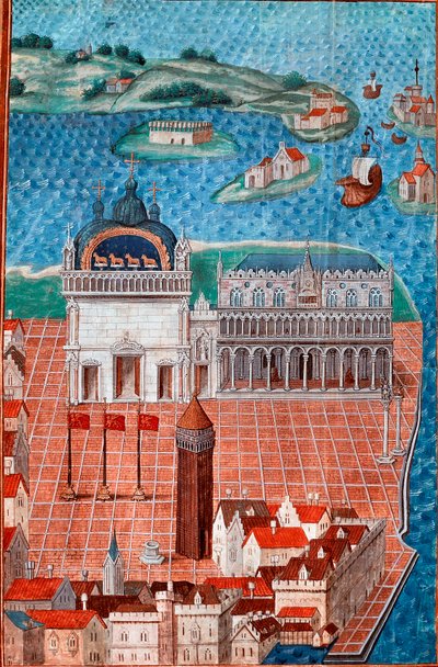 Vista da Praça de São Marcos com o Palácio dos Doges em Veneza" Miniatura tirada de "Descrição ou trata do governo e regime da cidade e seigneury de Veneza" pelo Mestre de Filipe de Geldre (1467-1547) Chantilly, Musee Conde de Maitre de Philippe de Gueldre