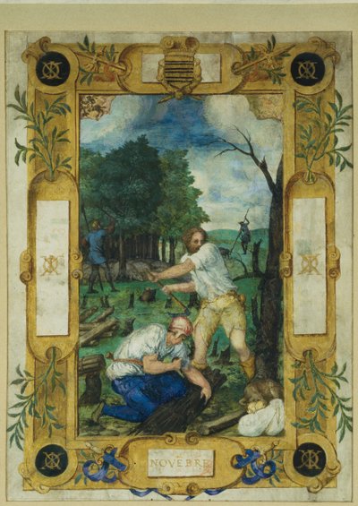 Página de calendário para novembro, derrubando as árvores, de um livro de horas, c.1550-60 de Maitre des Heures de Claude Gouffier