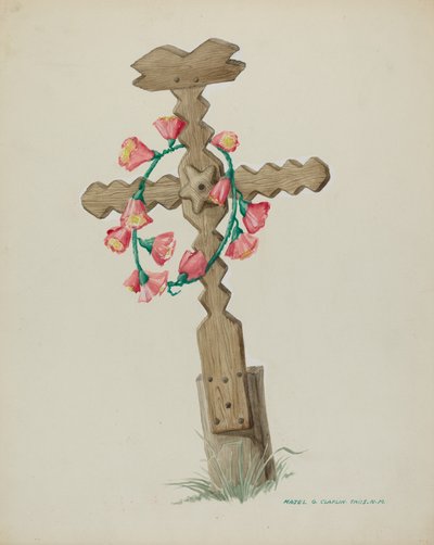 Cruz de madeira usada como lápide feita à mão, c. 1937. de Majel G. Claflin