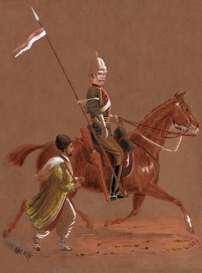 Soldado do 9º Lanceiro a cavalo, com um soldado afegão a correr ao lado do seu cavalo. de Major General R.G. Woodthorpe