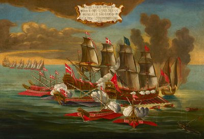 Captura de um navio turco por Galeras e Navios da Ordem sob o Comando de Fleurigny, ao largo de Trípoli (óleo sobre tela) de Maltese School