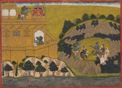 Rama lança os espiões demoníacos Shuka e Sarana: Folio da série Siege of Lanka, ca.1725. de Manaku