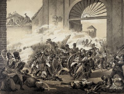 Espanha. Guerra da Independência (1808). Segundo de maio em Madrid. Morte de Luis Daoiz defendendo o Parque Monteleon. Gravura a partir de uma pintura de Manuel Castellano. Litografia. de Manuel (after) Castellano
