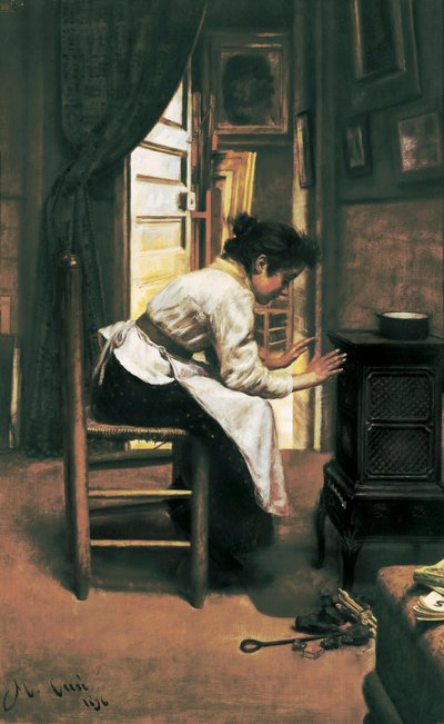 "Uma mulher em frente ao fogão", pintura de Manuel Cusi de Manuel Cusí