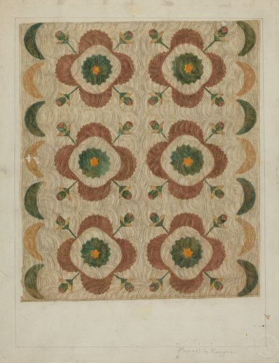 Applique e Quilted Coverlet, 19351942. de Manuel G. Runyan
