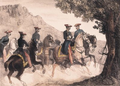 Primeira Guerra Carlista, Bruno de Villarreal e o seu estado-maior (litografia a cores) de Manuel Miranda